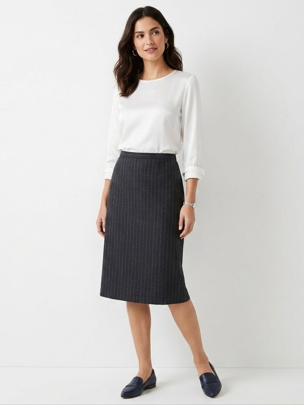 Vintage Talbots Gray Pinstripe Wool Midi Pencil Skirt 14